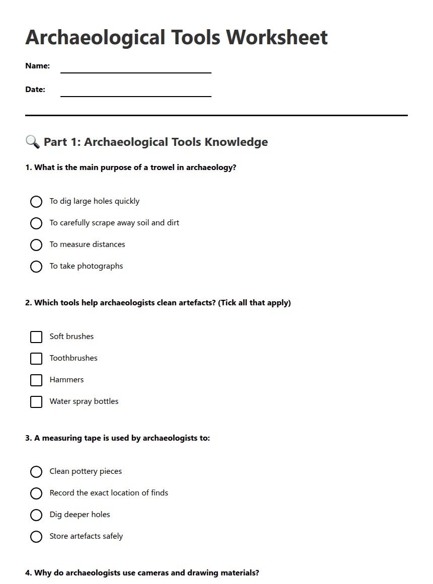 Archaeological Tools Worksheet worksheet preview