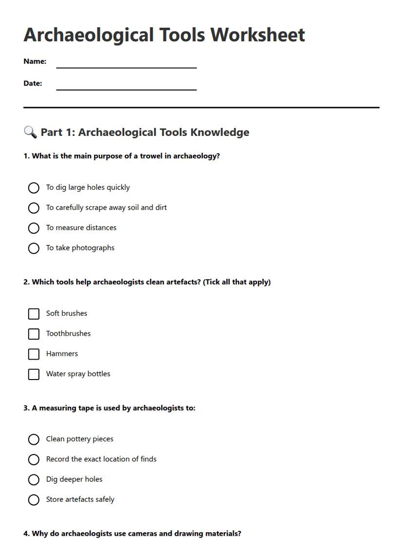 Archaeological Tools Worksheet