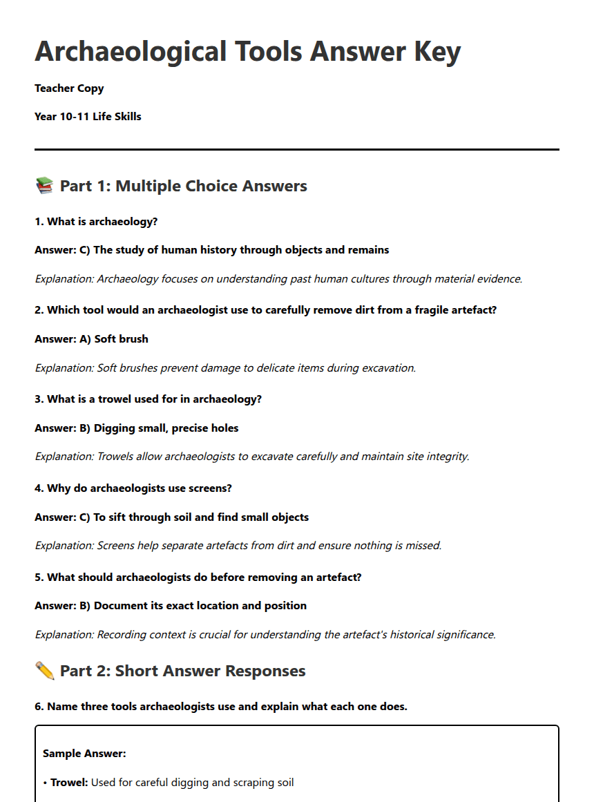 Archaeological Tools Answer Key worksheet preview