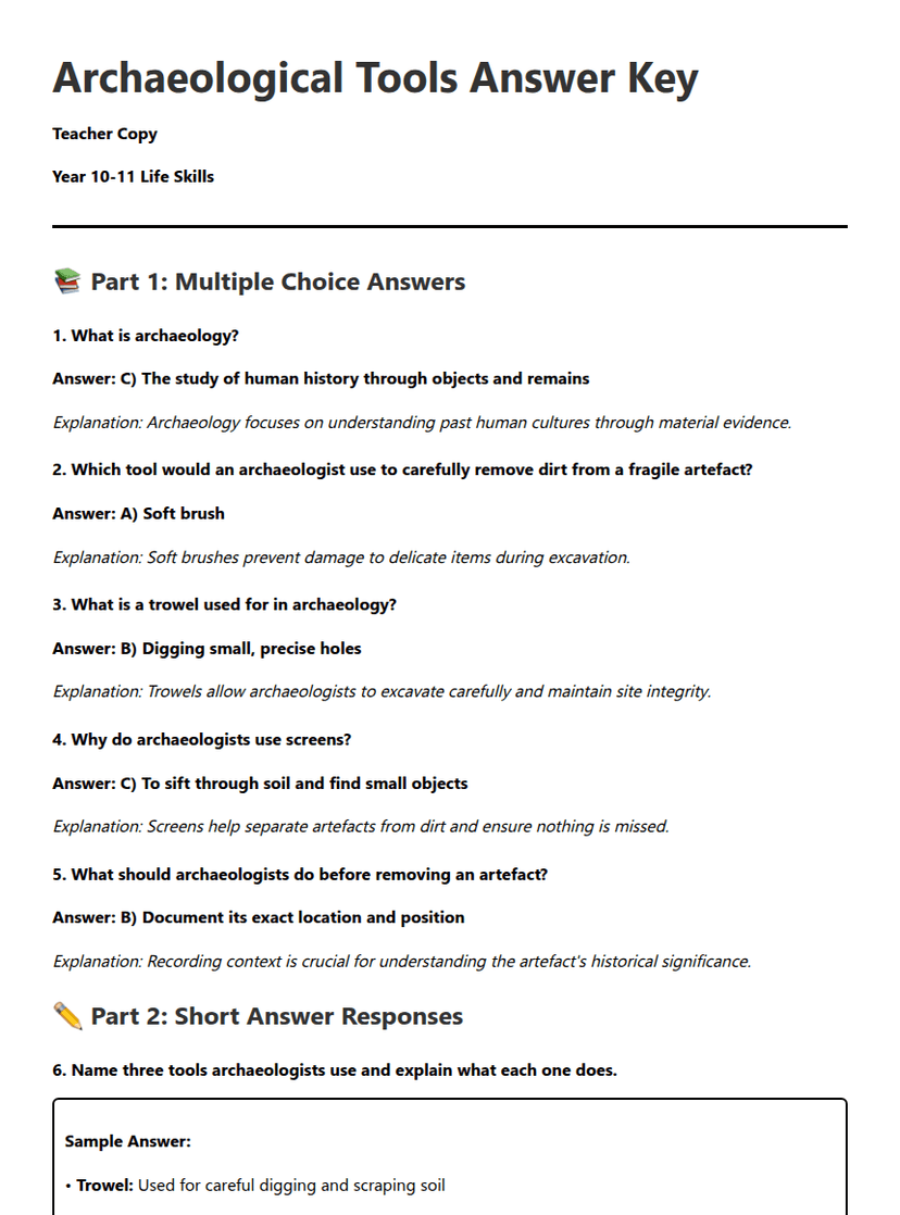 Archaeological Tools Answer Key