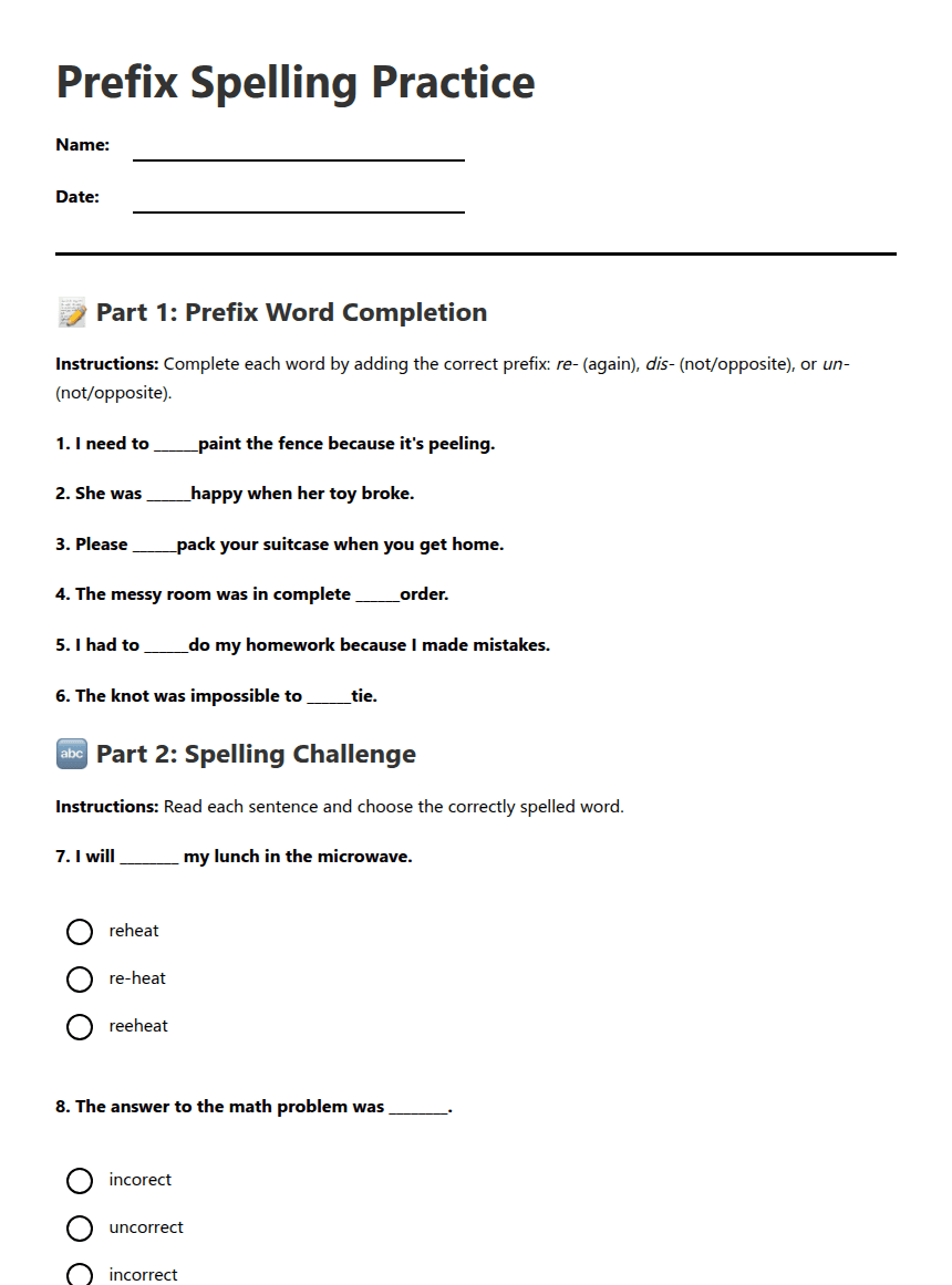Prefix Spelling Practice worksheet preview