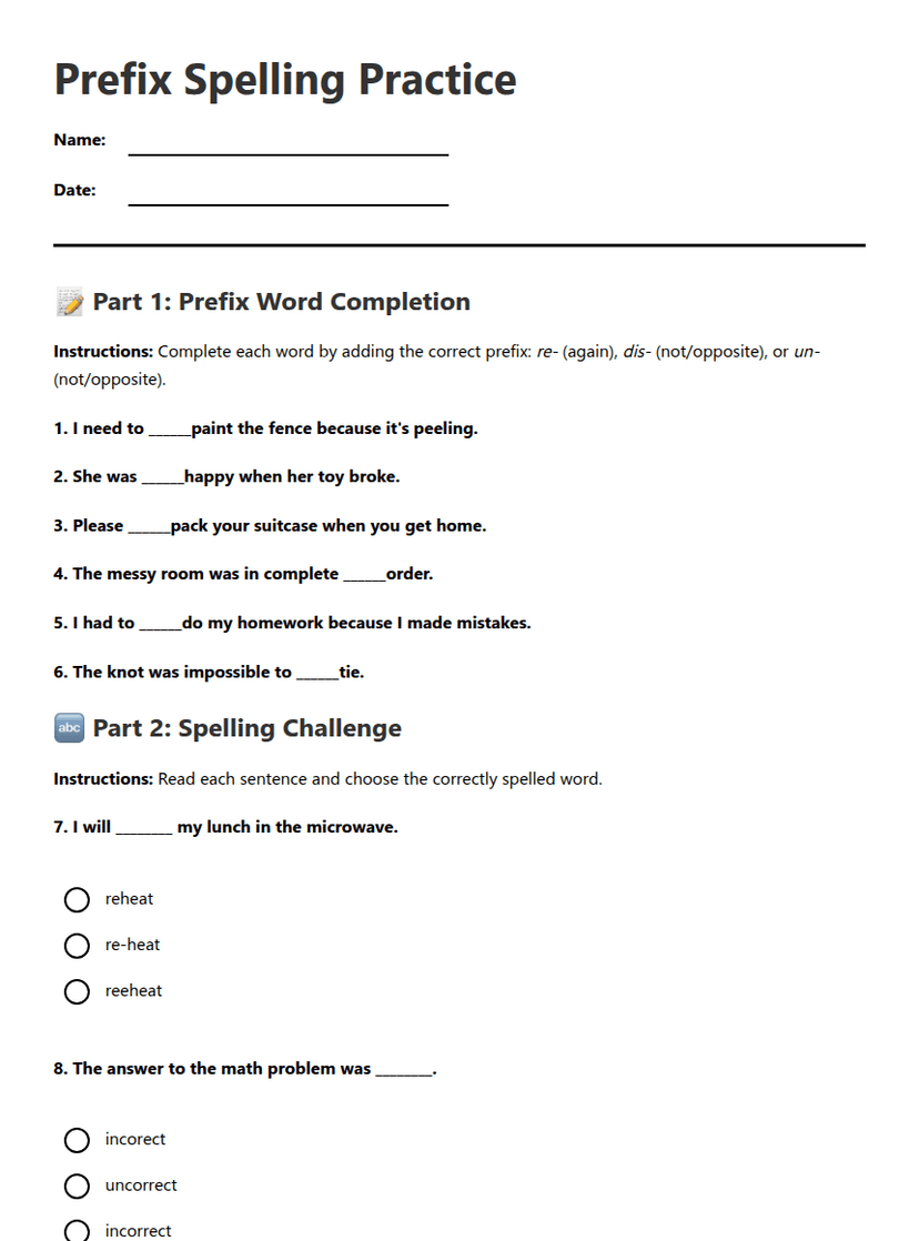 Prefix Spelling Practice