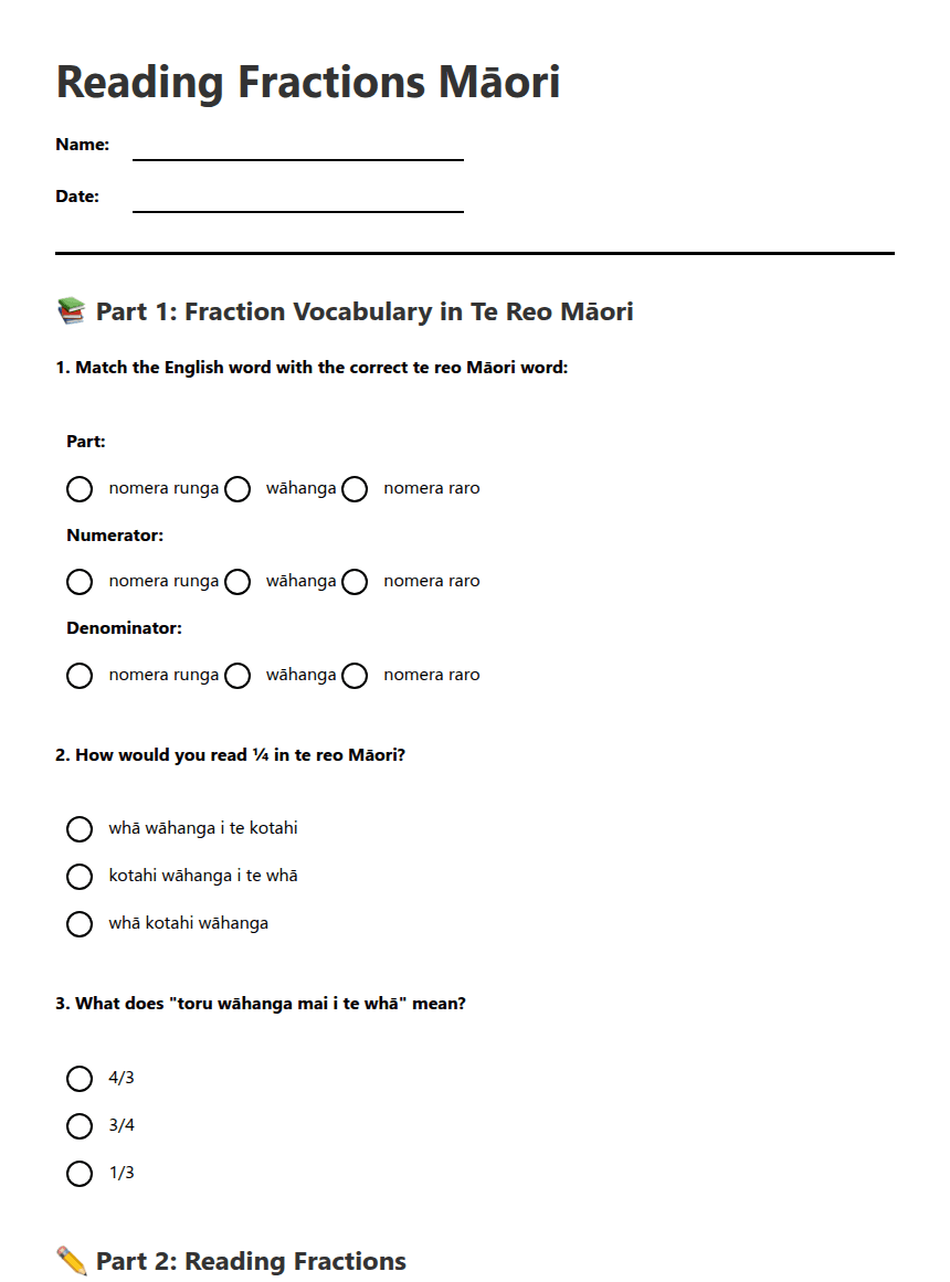 Reading Fractions Māori worksheet preview