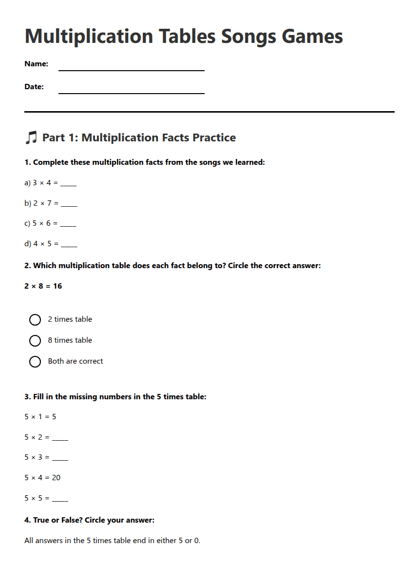 Multiplication Tables Songs Games worksheet preview