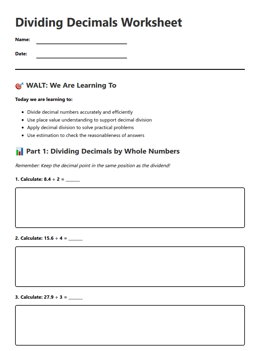 Dividing Decimals Worksheet worksheet preview