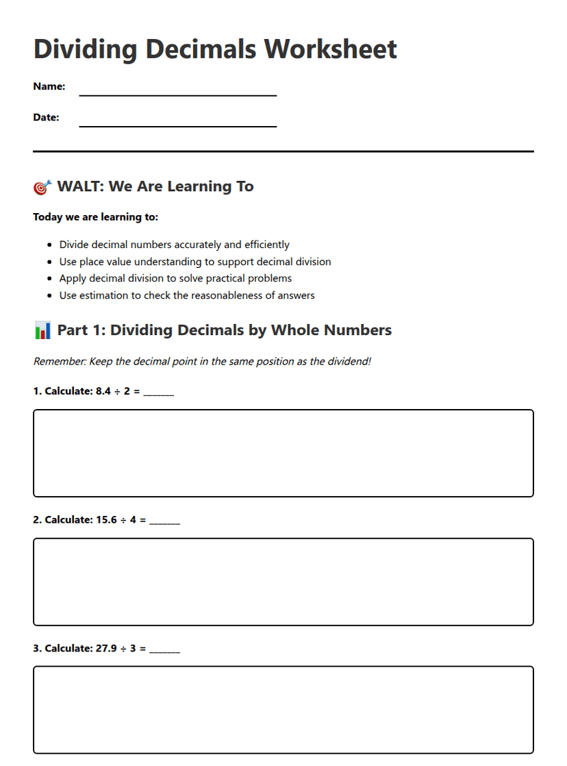 Dividing Decimals Worksheet