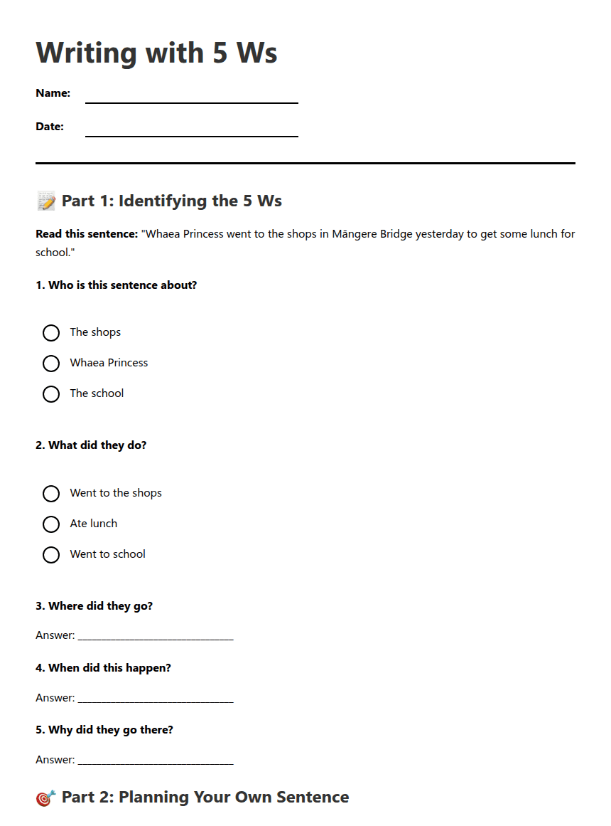 Writing with 5 Ws worksheet preview