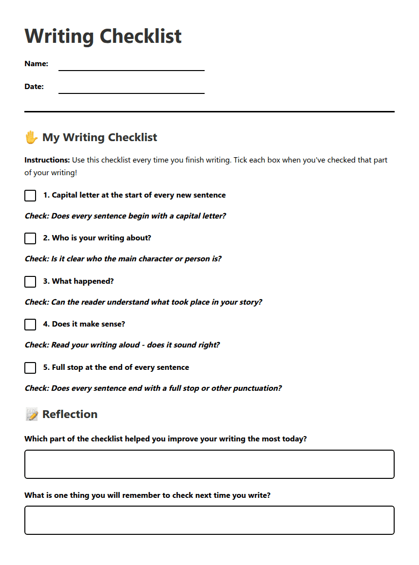 Writing Checklist worksheet preview