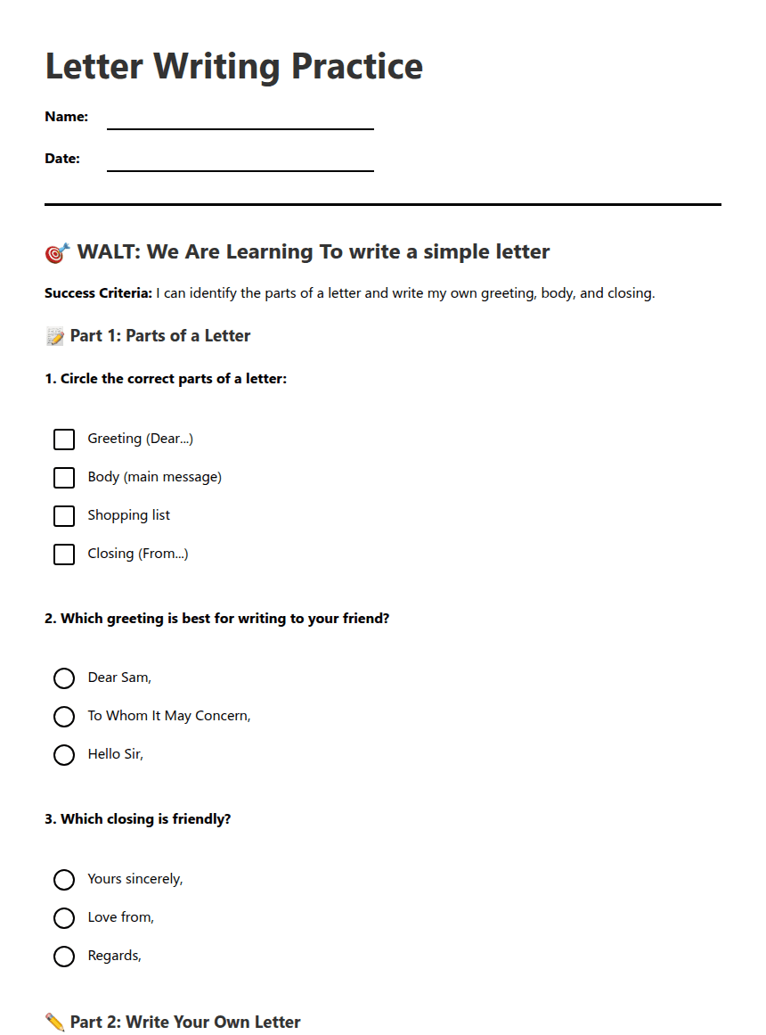 Letter Writing Practice worksheet preview
