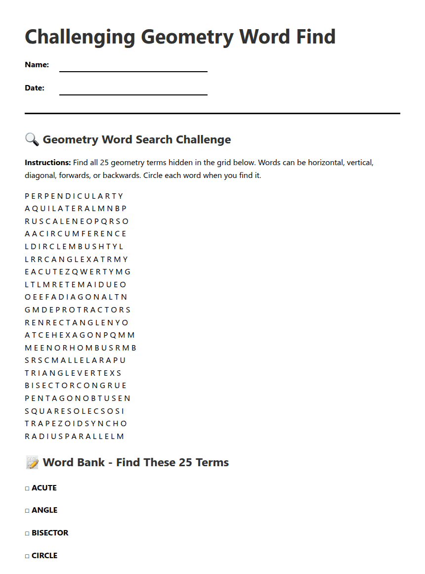 Challenging Geometry Word Find worksheet preview