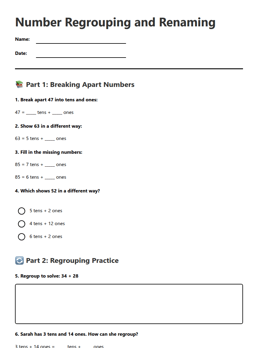 Number Regrouping and Renaming worksheet preview