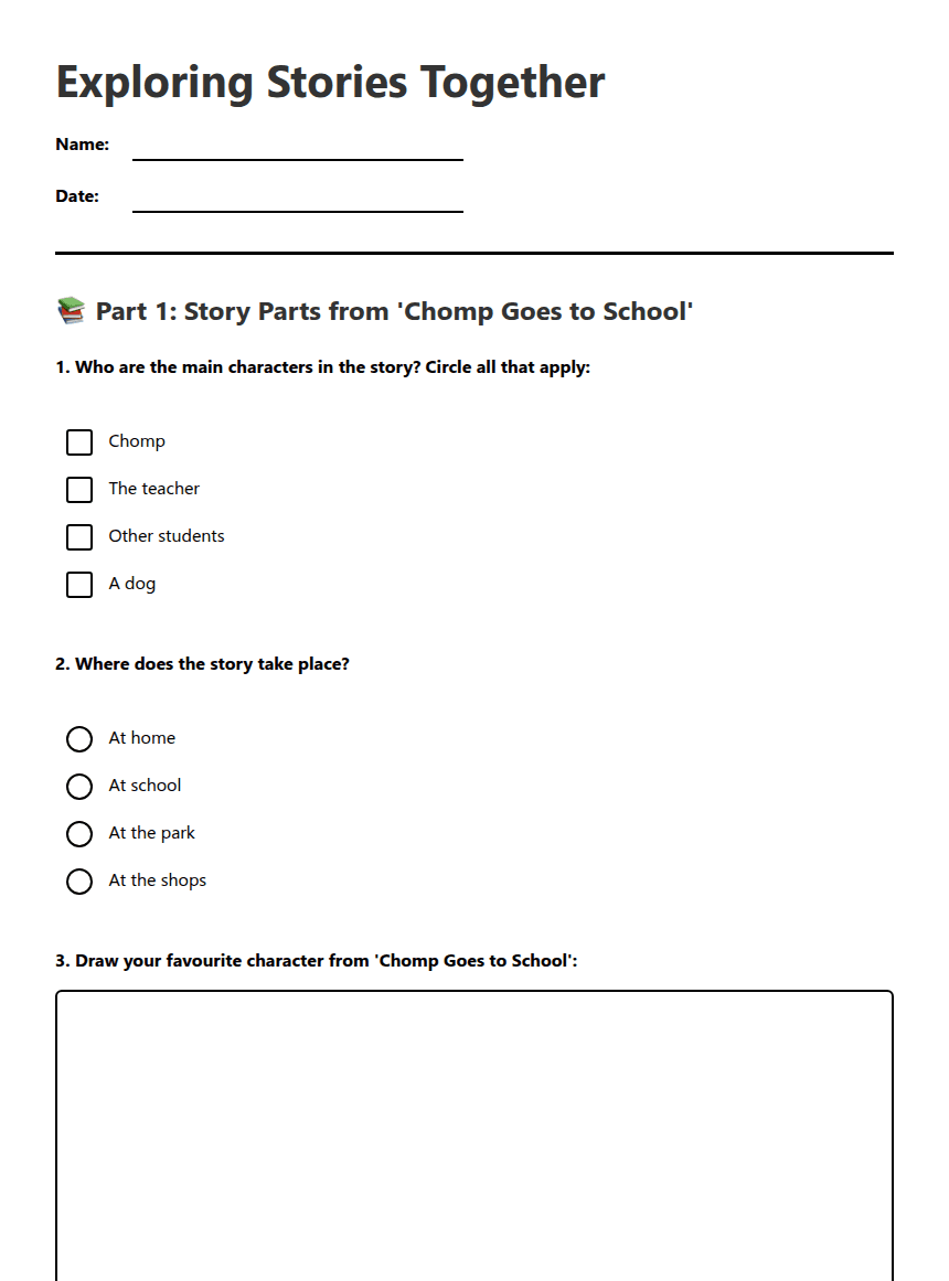 Exploring Stories Together worksheet preview
