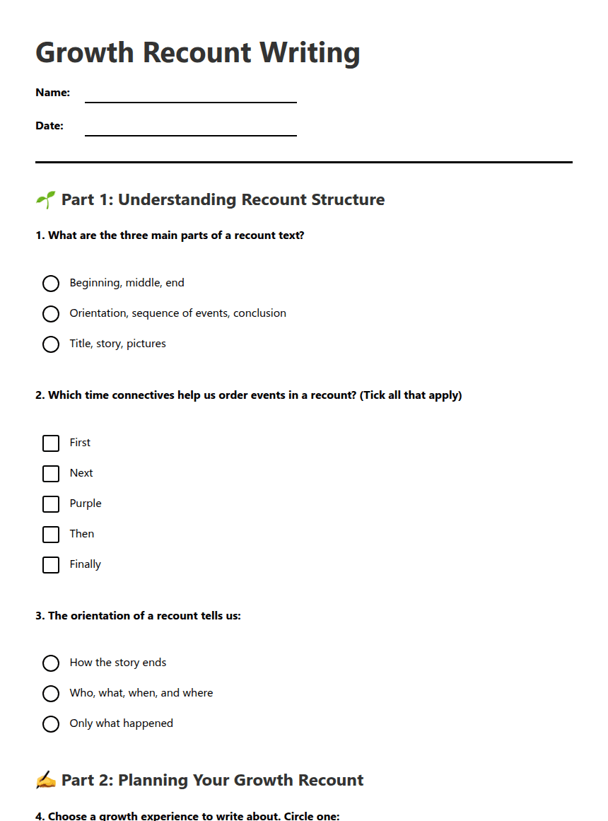 Growth Recount Writing worksheet preview