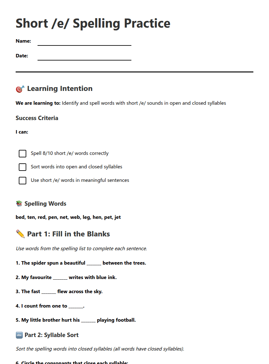 Short /e/ Spelling Practice worksheet preview