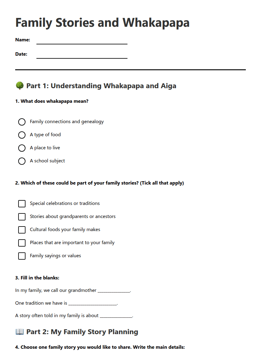 Family Stories and Whakapapa worksheet preview