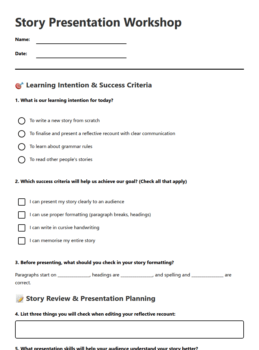 Story Presentation Workshop worksheet preview