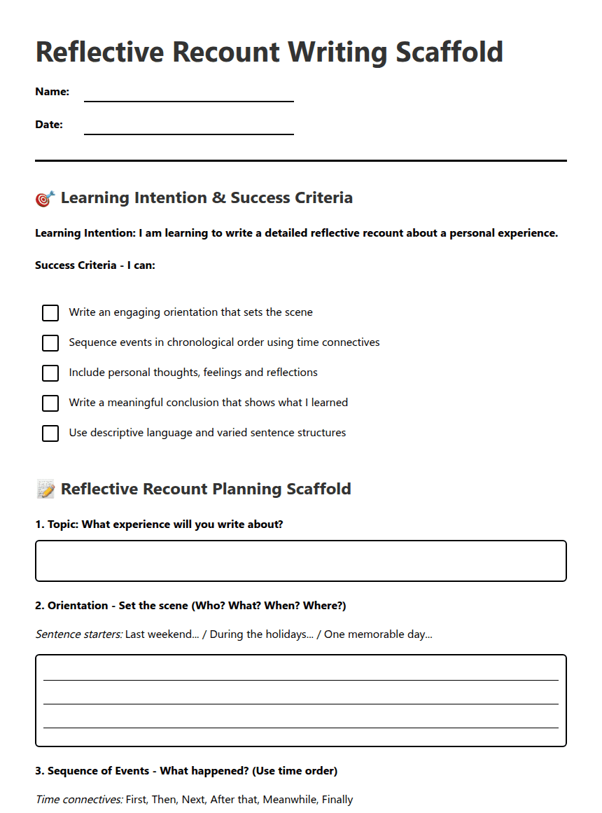 Reflective Recount Writing Scaffold worksheet preview