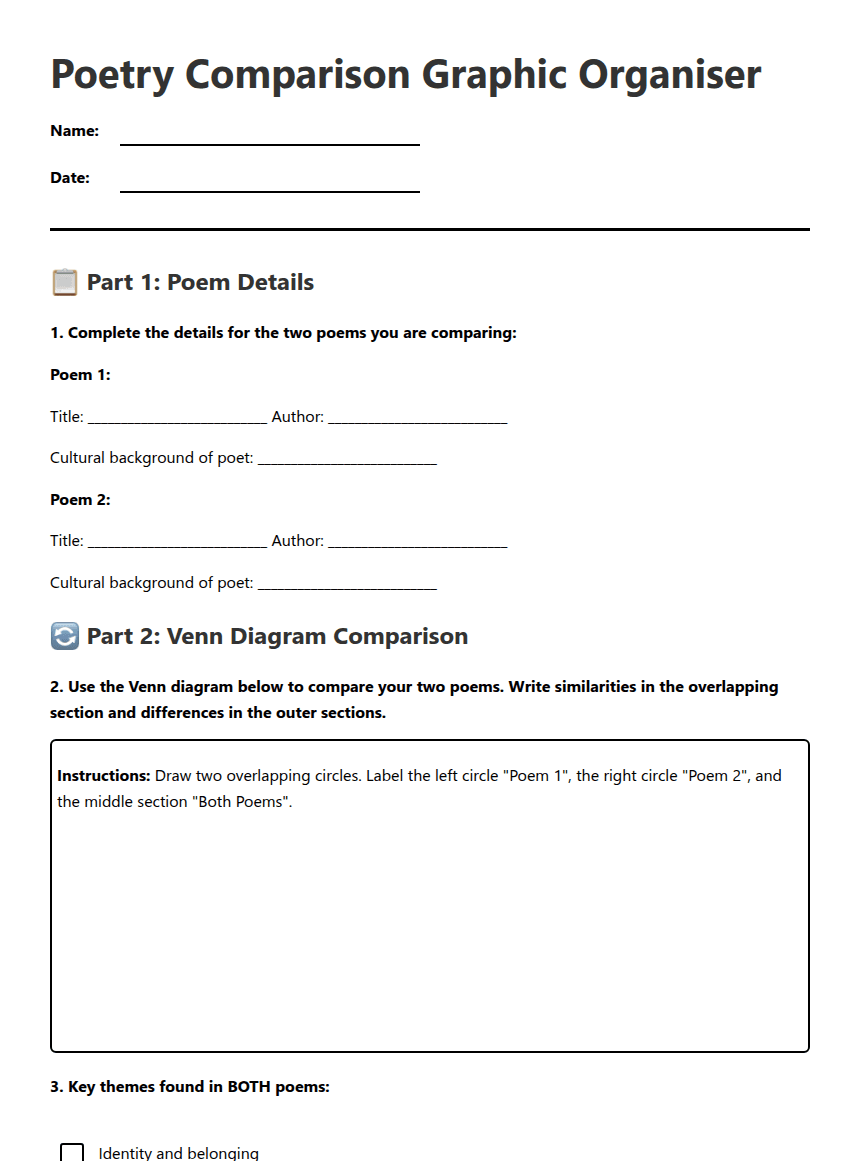 Poetry Comparison Graphic Organiser worksheet preview