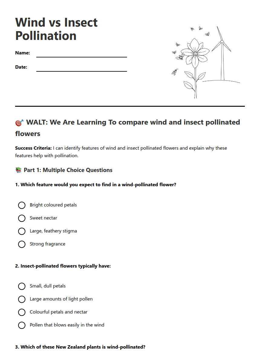 Wind vs Insect Pollination worksheet preview