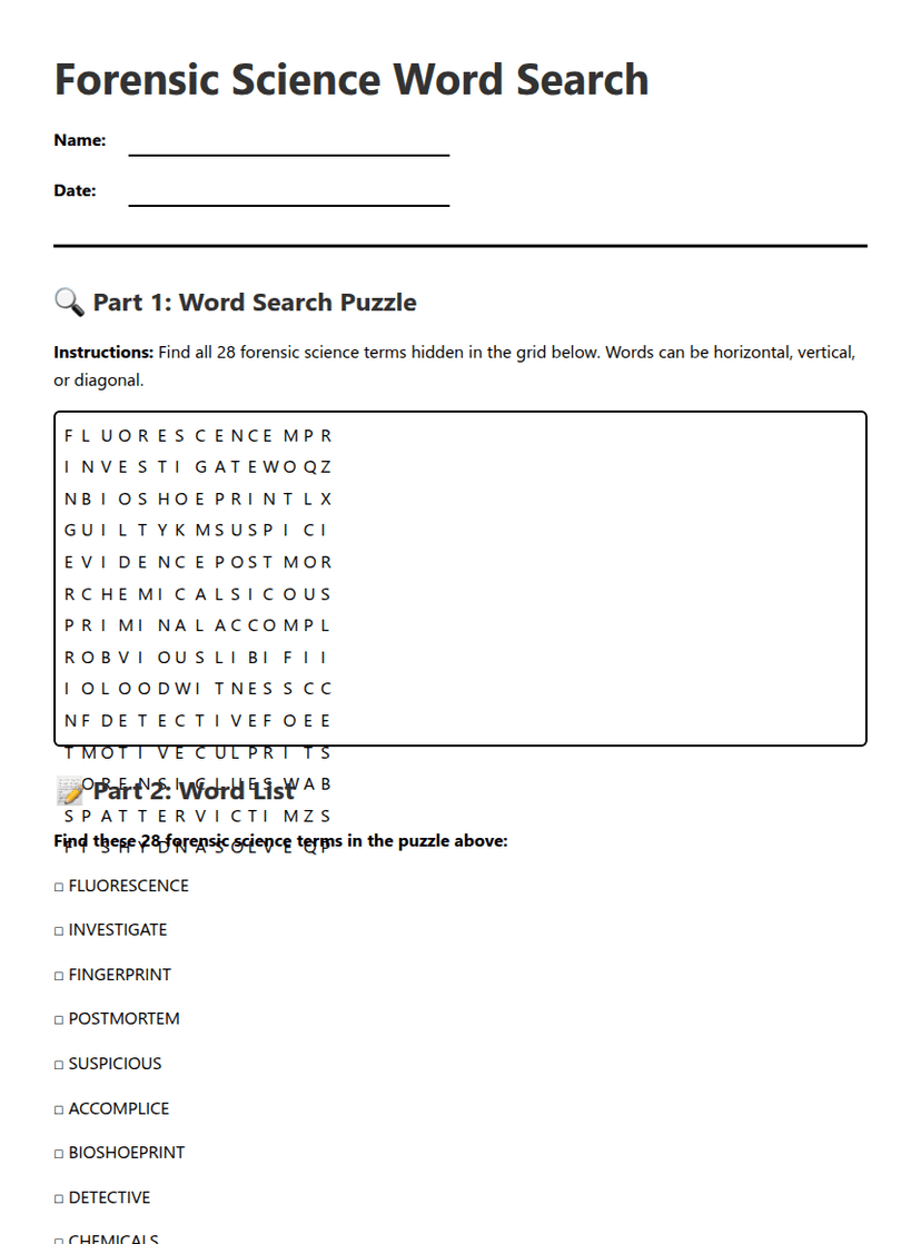 Forensic Science Word Search