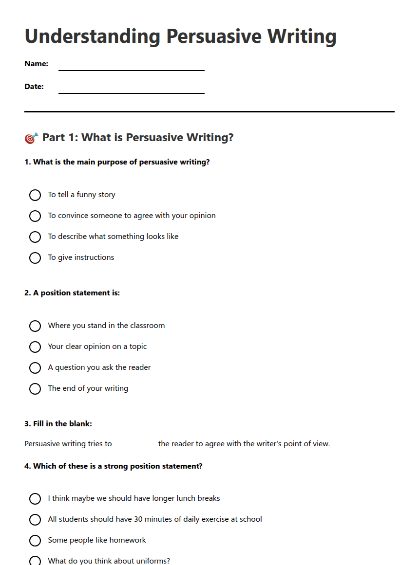 Understanding Persuasive Writing worksheet preview