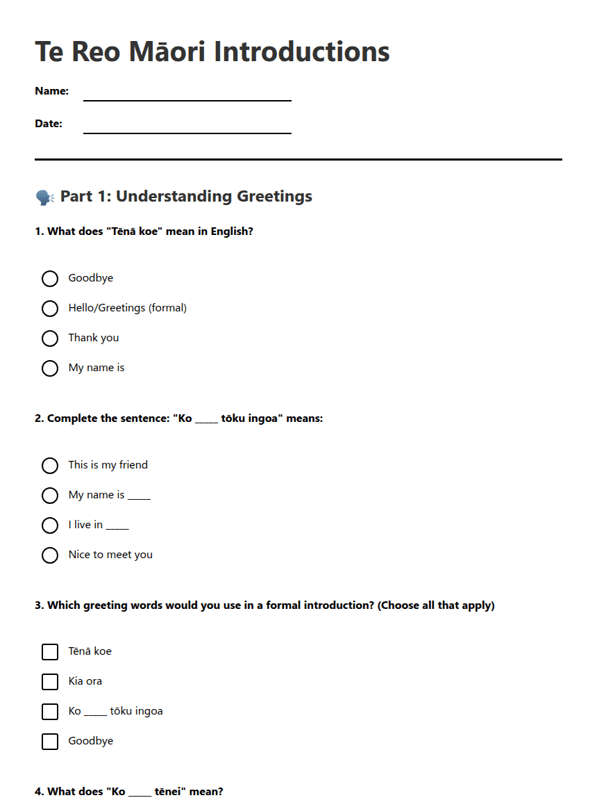 Te Reo Māori Introductions worksheet preview