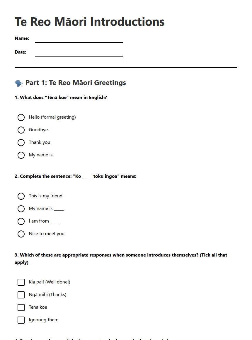 Te Reo Māori Introductions worksheet preview