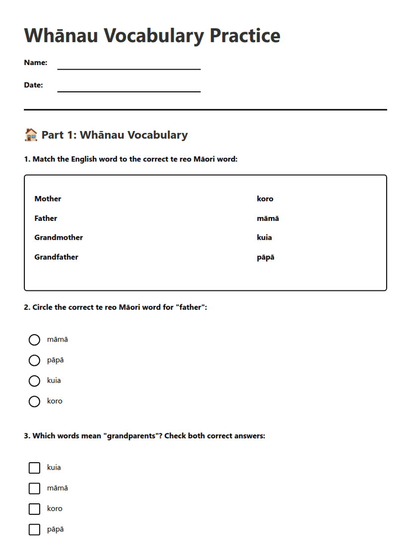 Whānau Vocabulary Practice