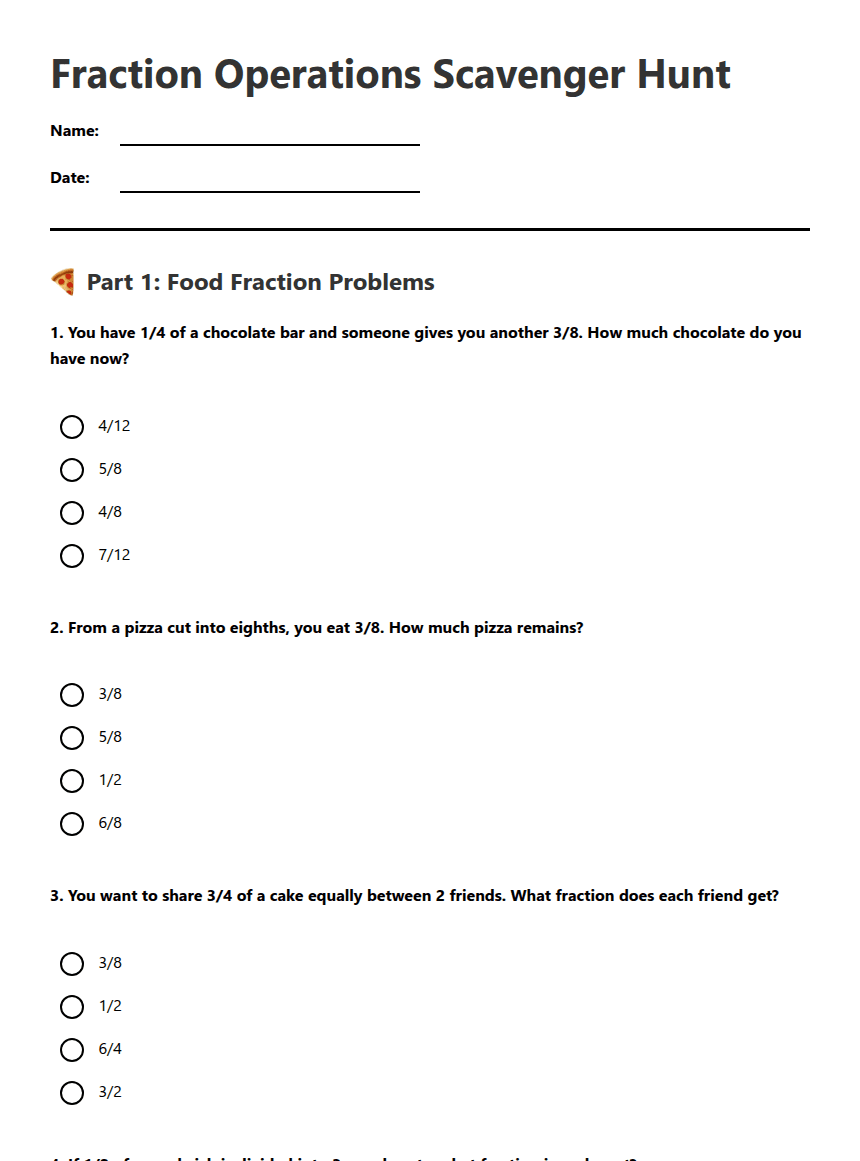 Fraction Operations Scavenger Hunt worksheet preview