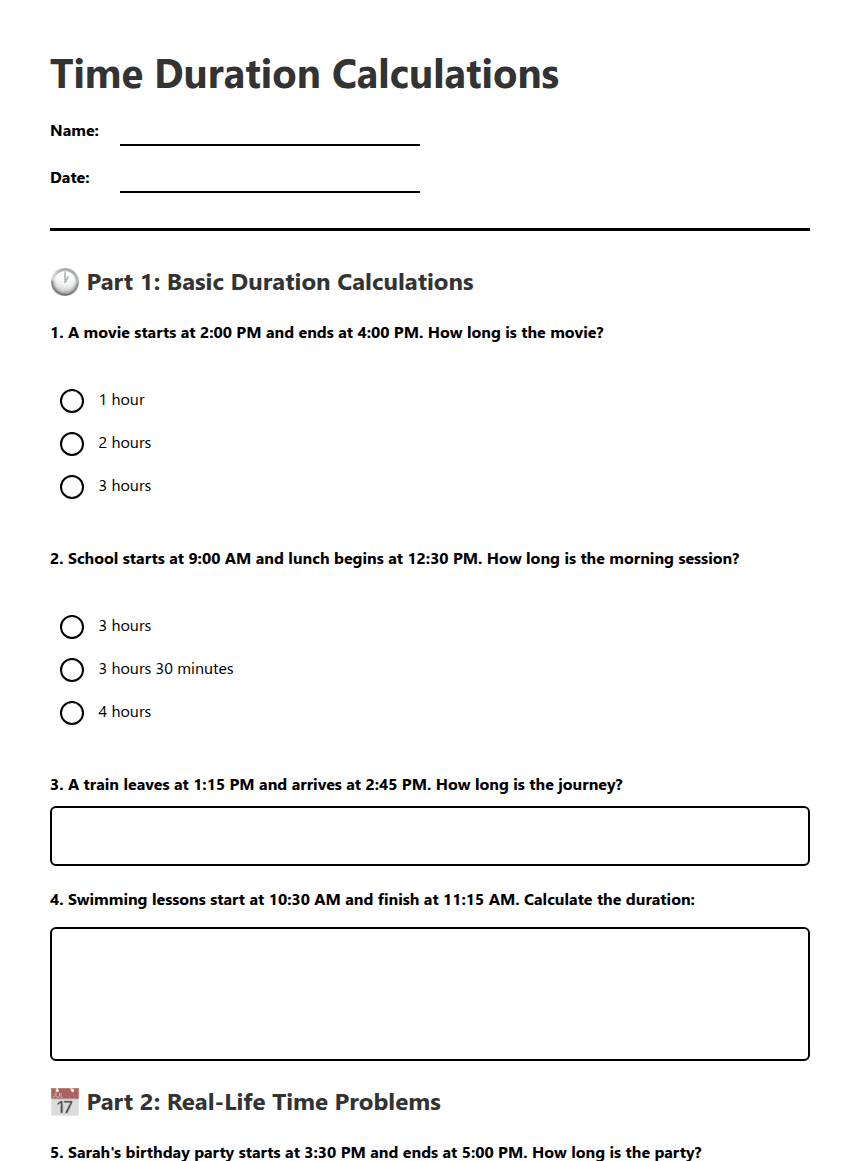 Time Duration Calculations worksheet preview