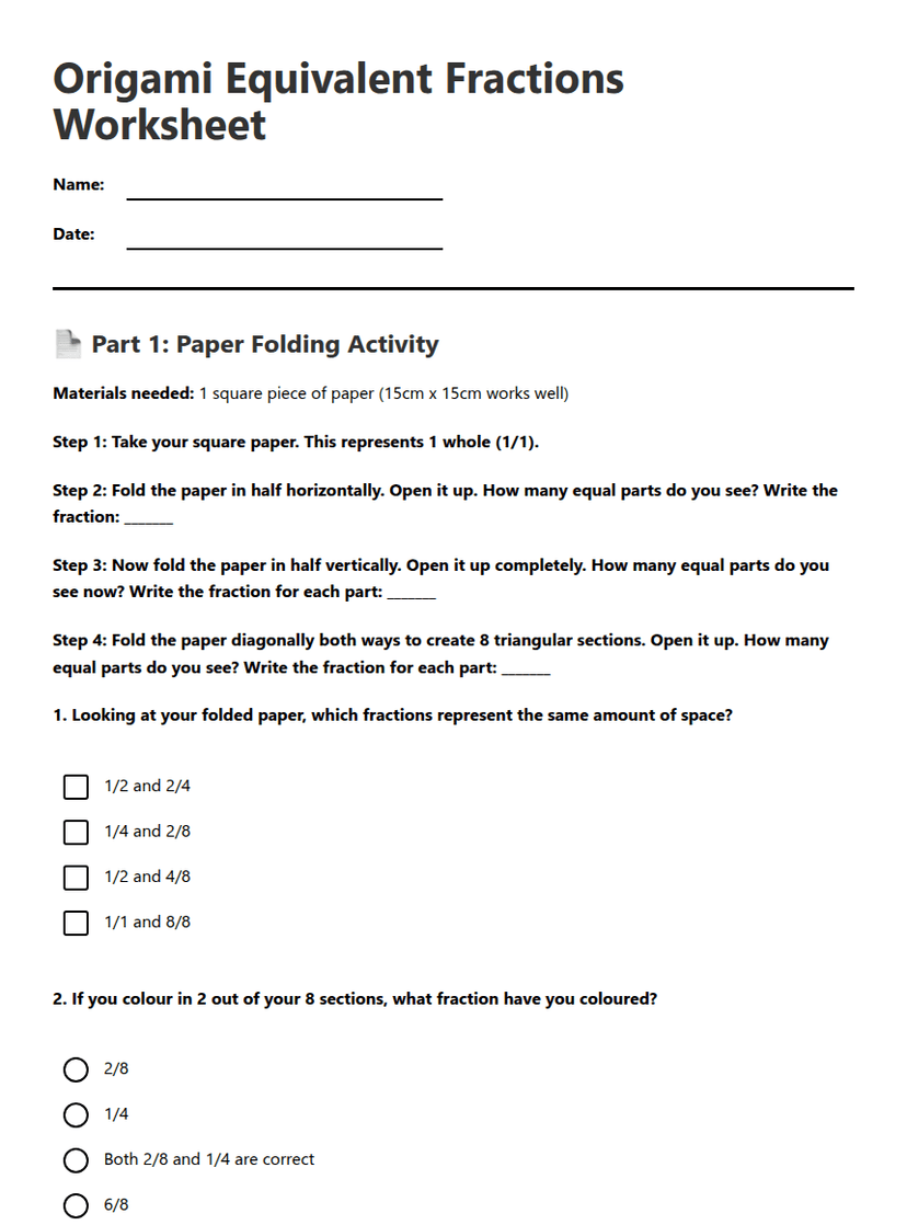 Origami Equivalent Fractions Worksheet