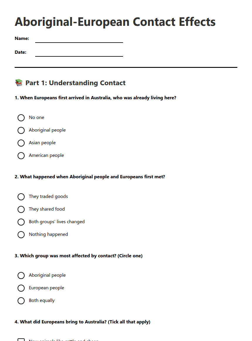 Aboriginal-European Contact Effects worksheet preview