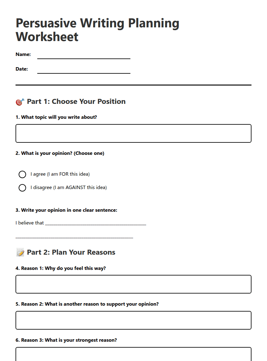 Persuasive Writing Planning Worksheet worksheet preview