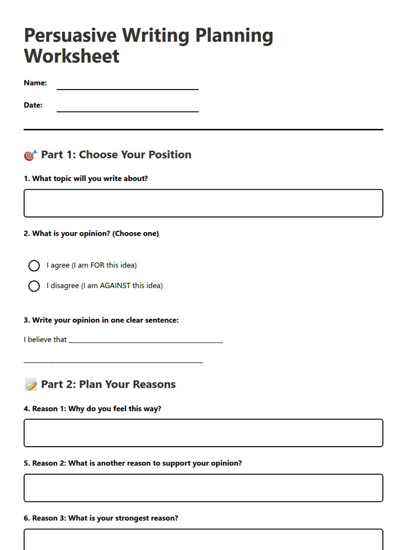 Persuasive Writing Planning Worksheet