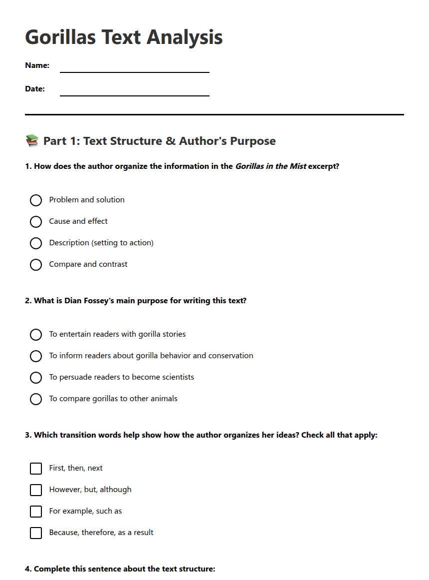 Gorillas Text Analysis worksheet preview