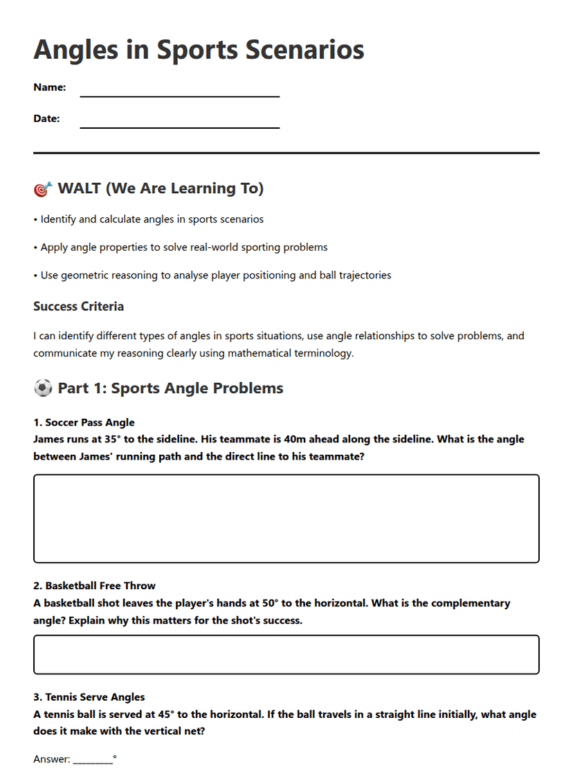 Angles in Sports Scenarios