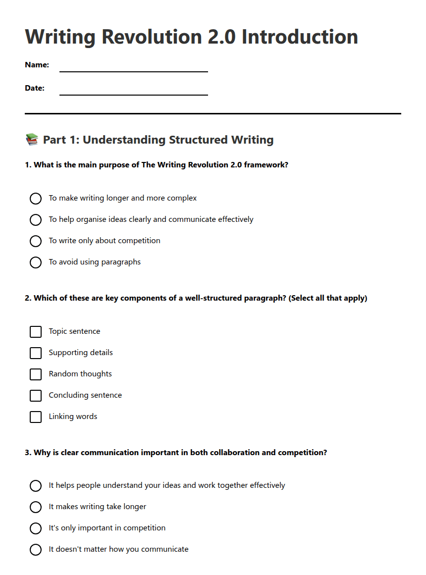 Writing Revolution 2.0 Introduction worksheet preview