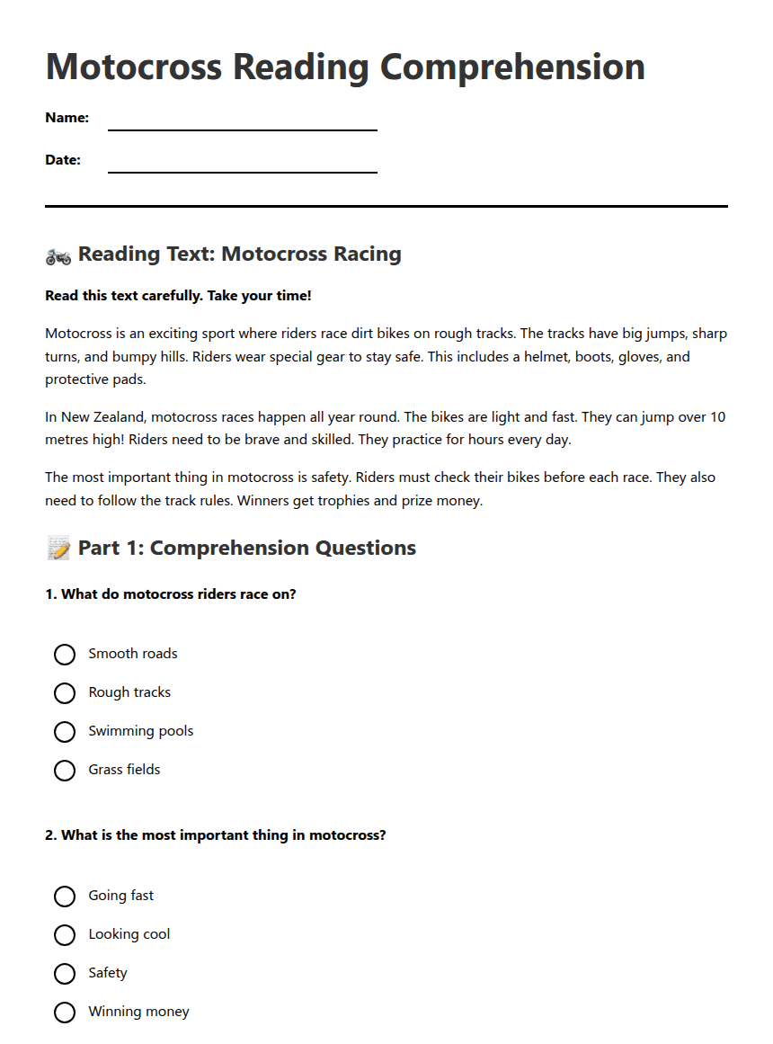 Motocross Reading Comprehension worksheet preview