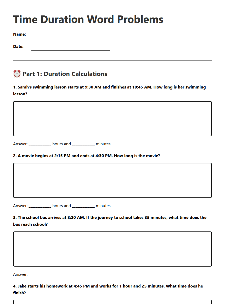 Time Duration Word Problems worksheet preview