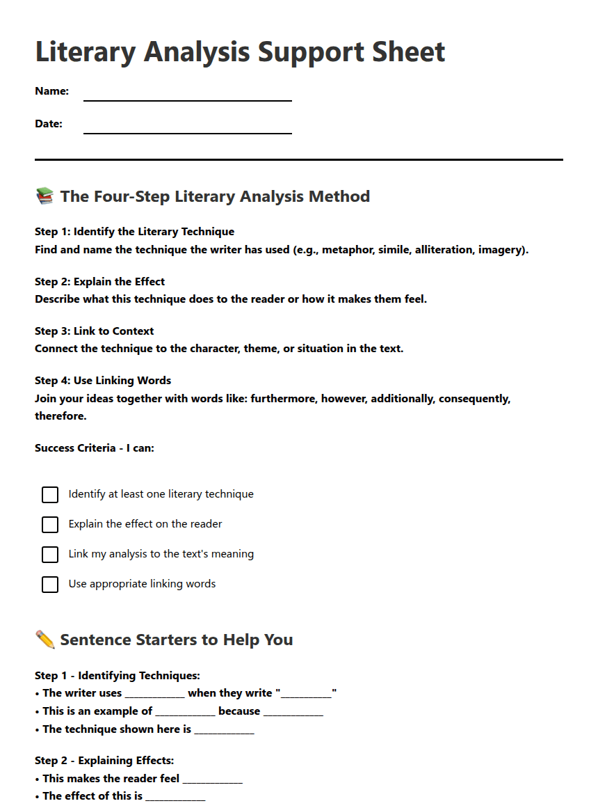 Literary Analysis Support Sheet worksheet preview