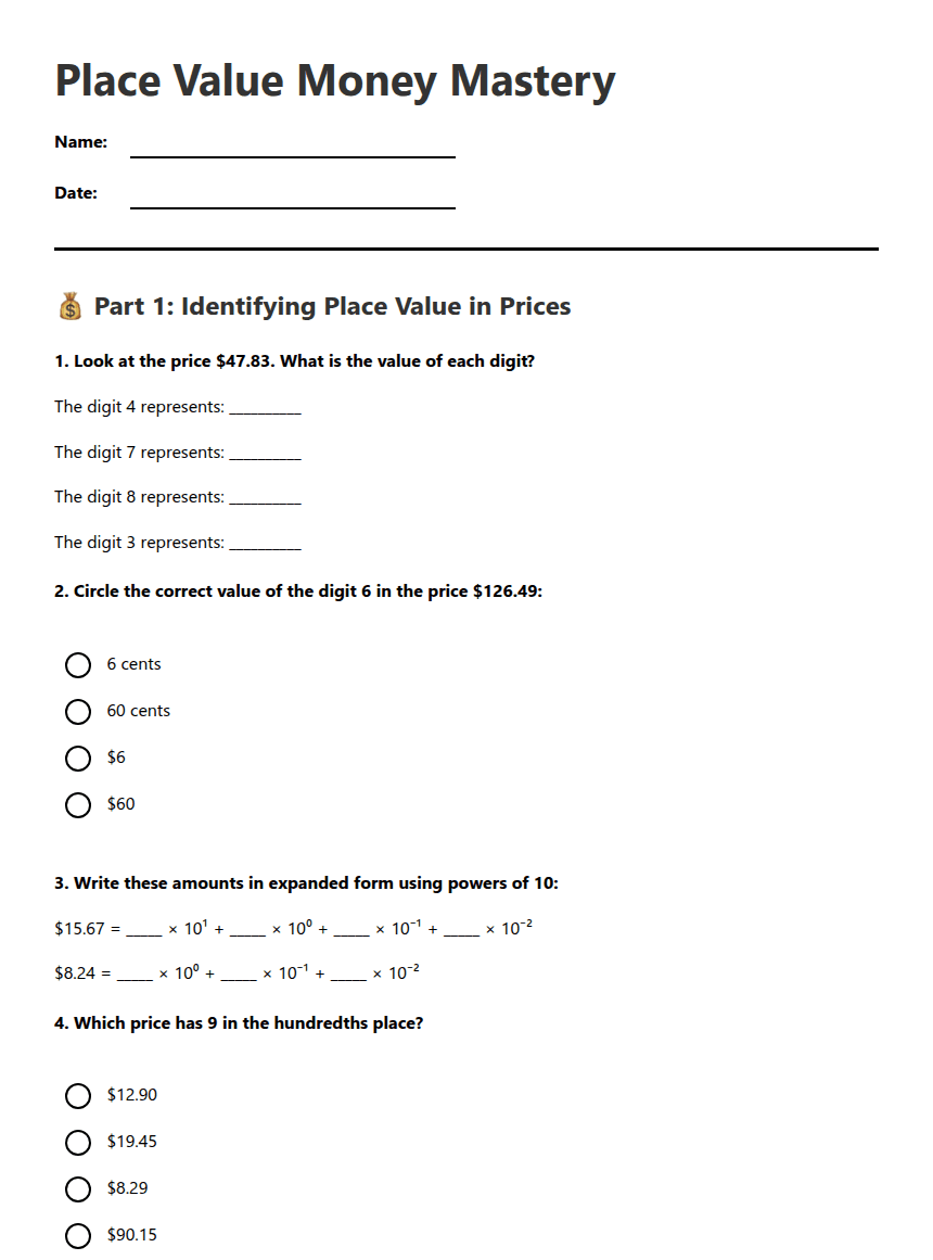 Place Value Money Mastery worksheet preview