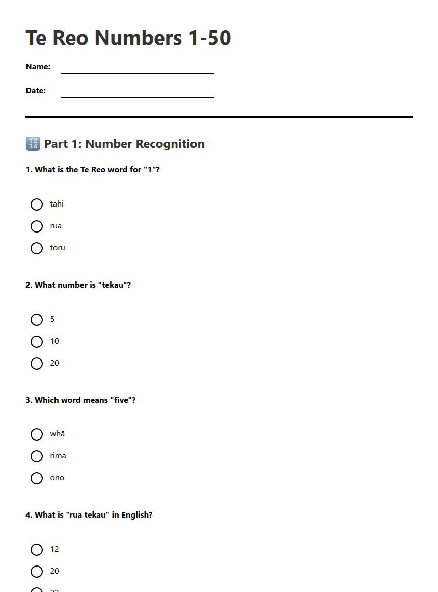Te Reo Numbers 1-50 worksheet preview