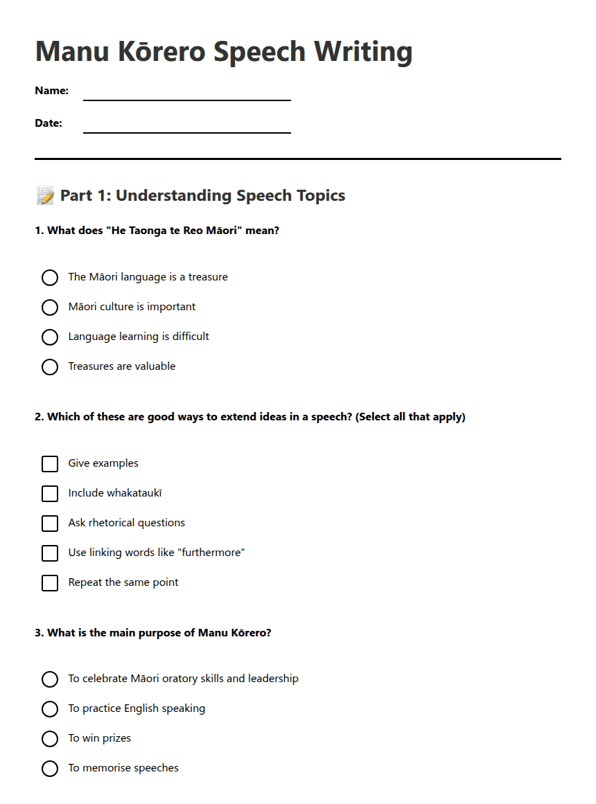 Manu Kōrero Speech Writing worksheet preview