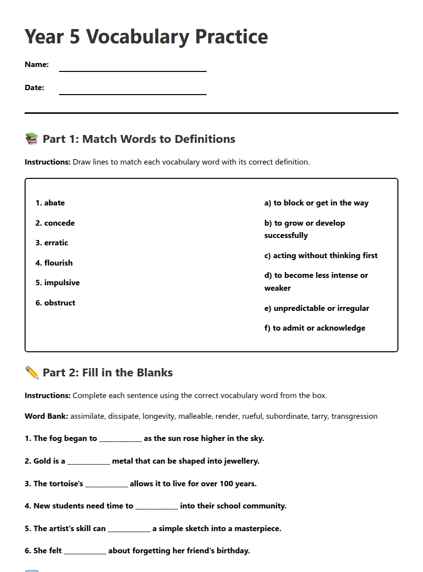 Year 9 Vocabulary Practice worksheet preview