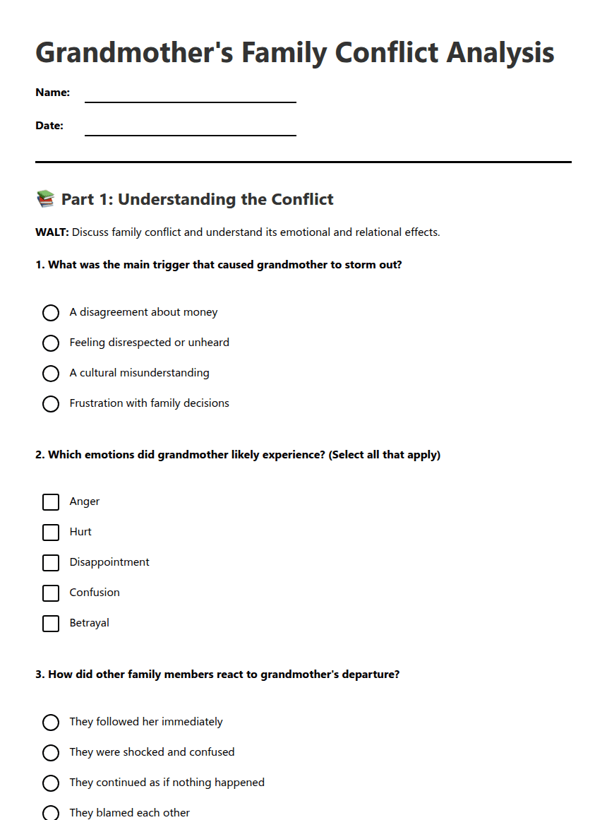Grandmother's Family Conflict Analysis worksheet preview