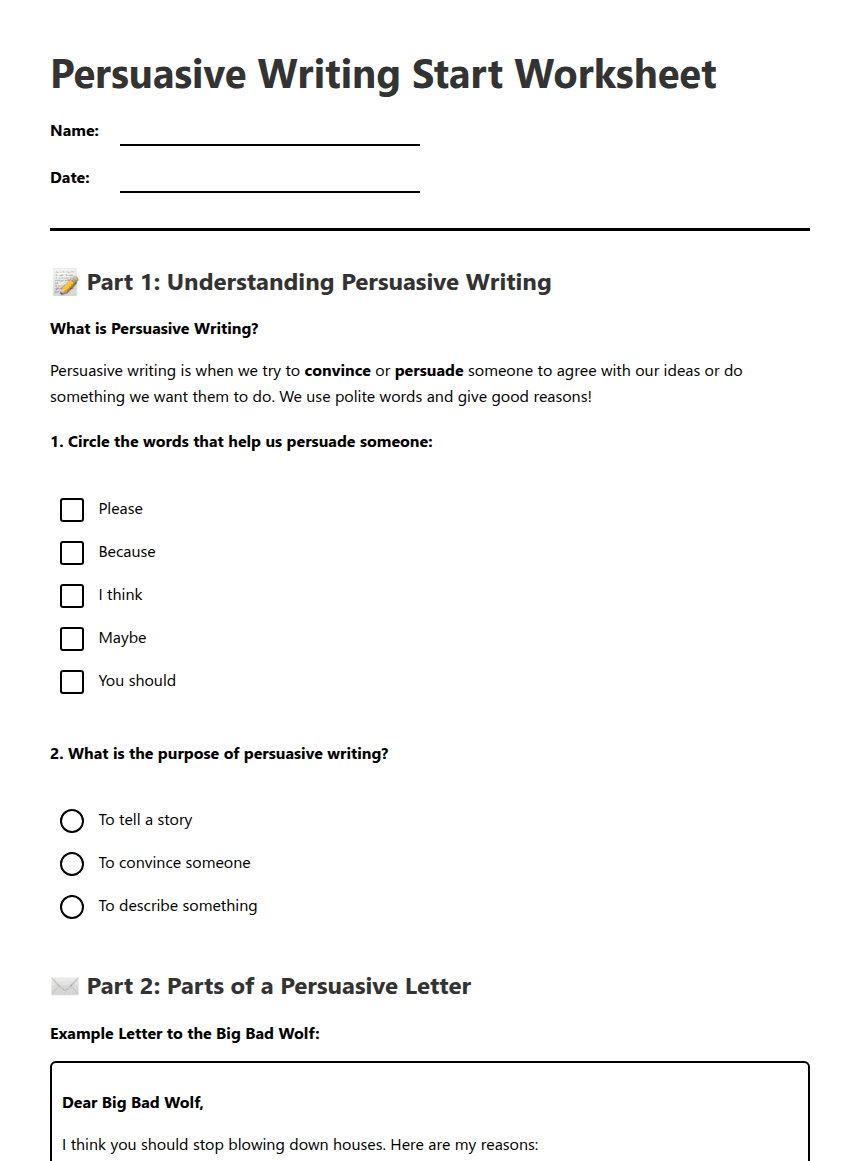 Persuasive Writing Start Worksheet worksheet preview