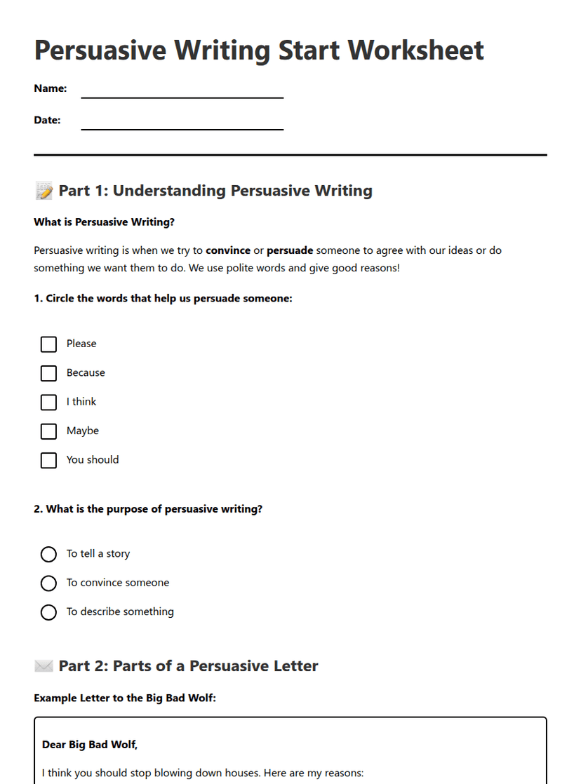 Persuasive Writing Start Worksheet