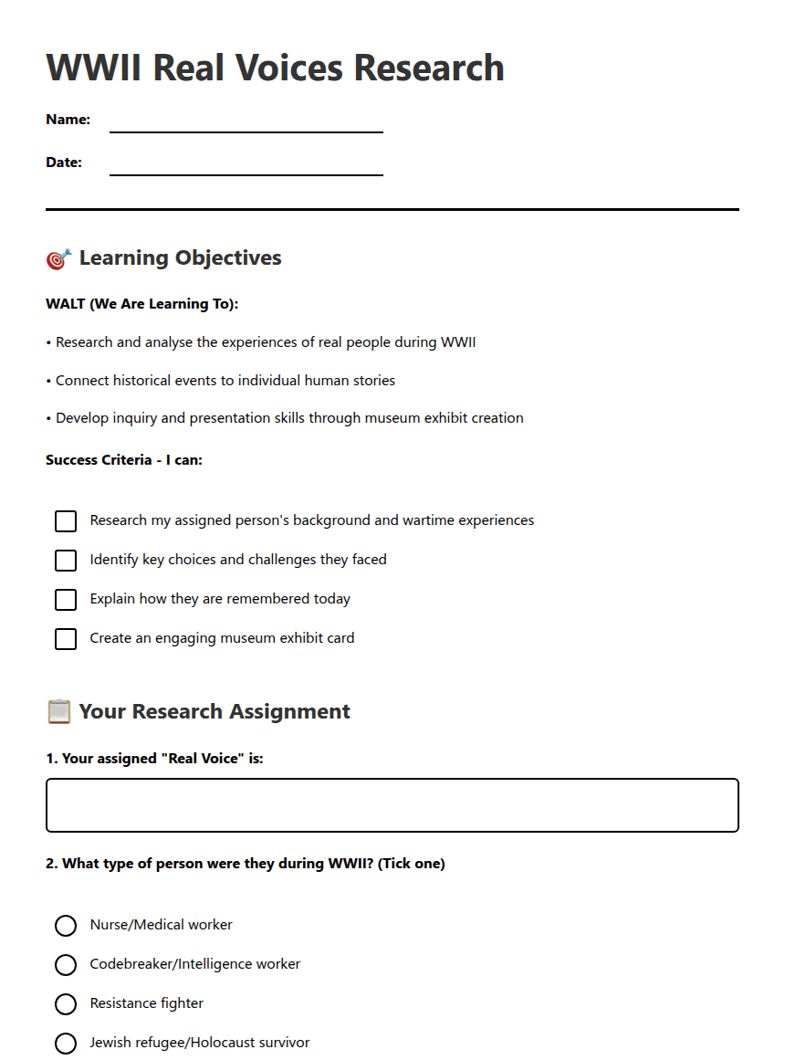 WWII Real Voices Research worksheet preview