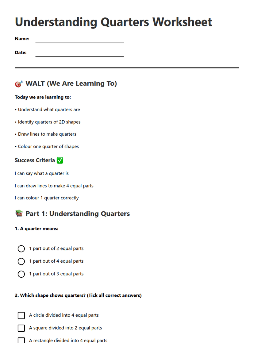 Understanding Quarters Worksheet