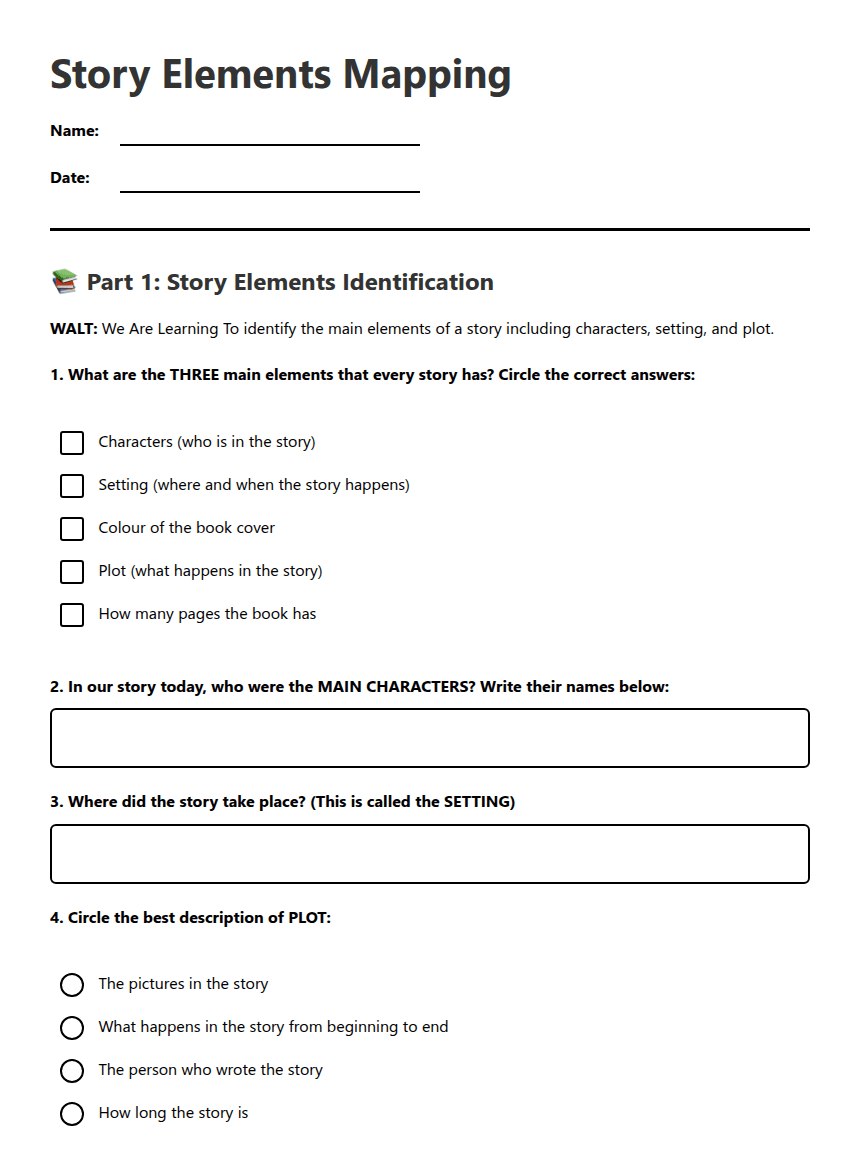 Story Elements Mapping worksheet preview
